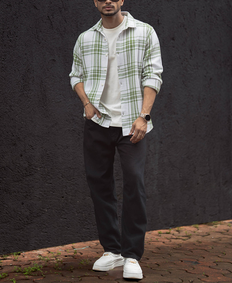 Light Green Waffle Checks Regular Fit Full Sleeves Shirt