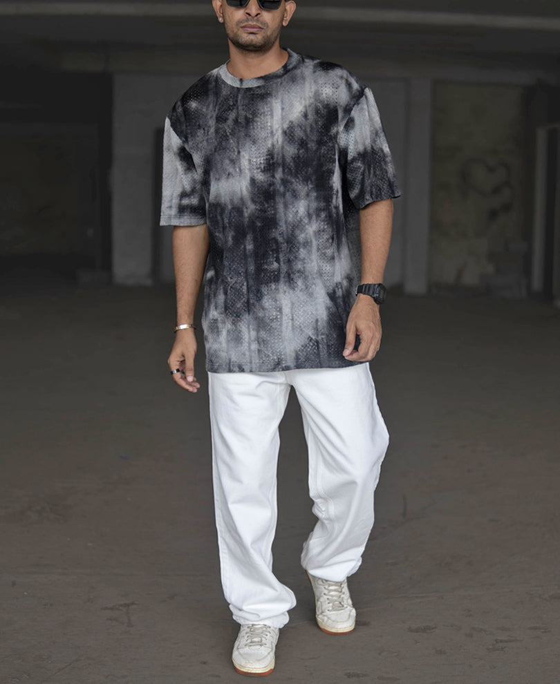 Black and Grey Oversized Tie Dye Printed Half Sleeves T Shirt