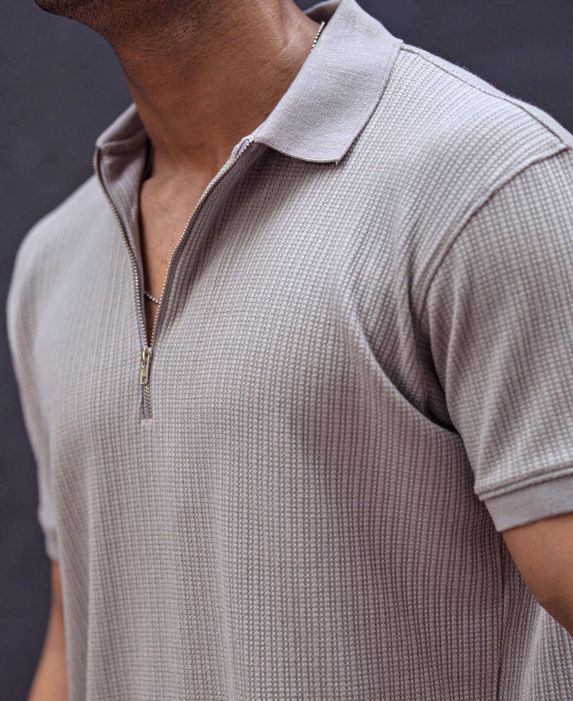 Grey Structured Regular Fit Half Sleeves Zipper T Shirt