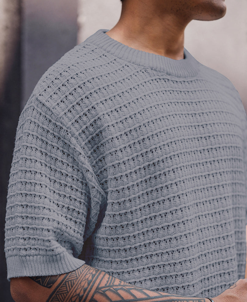 Light Grey Crochet Oversized Half Sleeves T Shirt