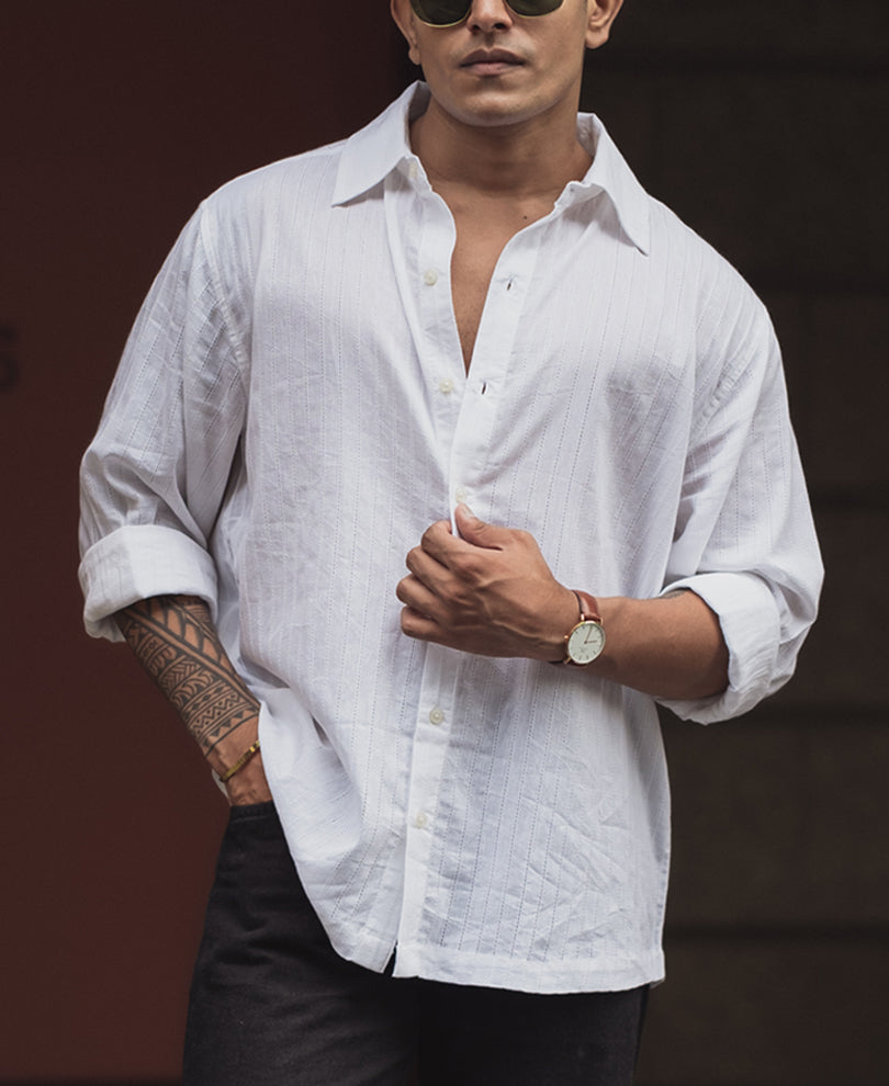 White Regular Fit Cotton Full Sleeve Self Design Shirt