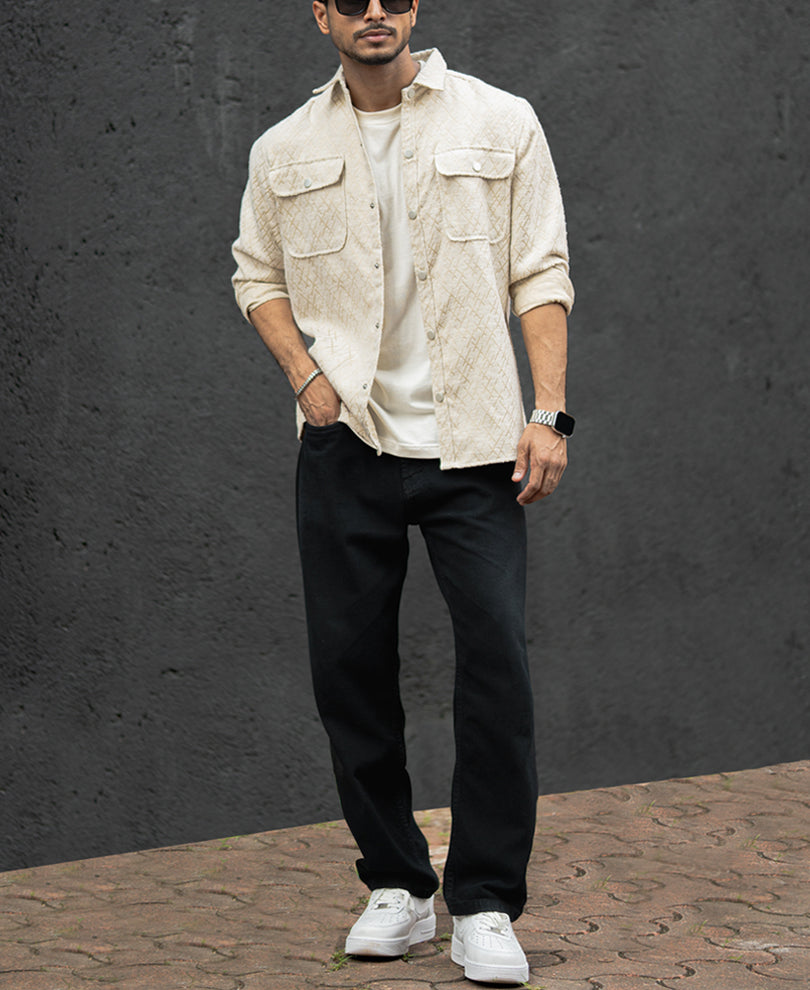 Cream Double Pockets Regular Fit Full Sleeves Shirt