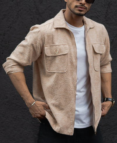 Dark Fawn Regular Fit Full Sleeves Shirt With Zip