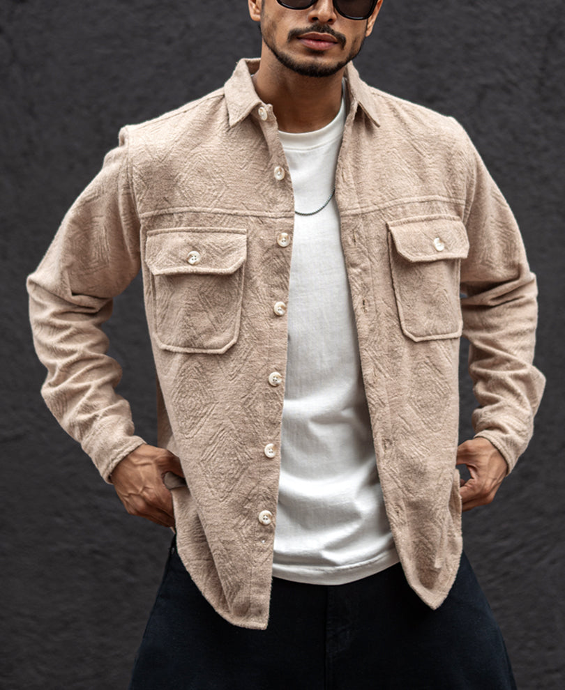 Light Khaki Regular Fit Full Sleeves Shirt With Double Pocket