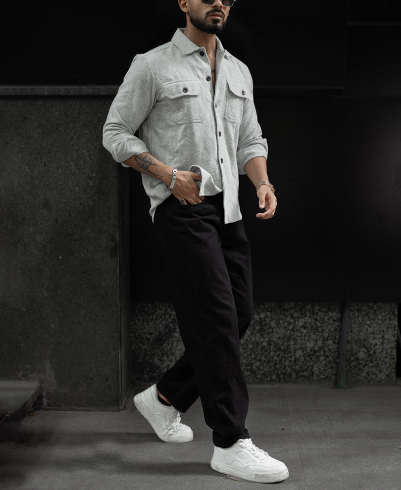 Plain Grey Structured Regular Fit Full Sleeves Shirt