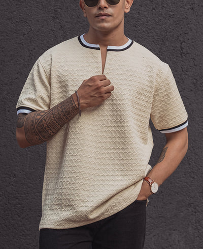 Cream Regular Fit Striped Half Sleeves T Shirt