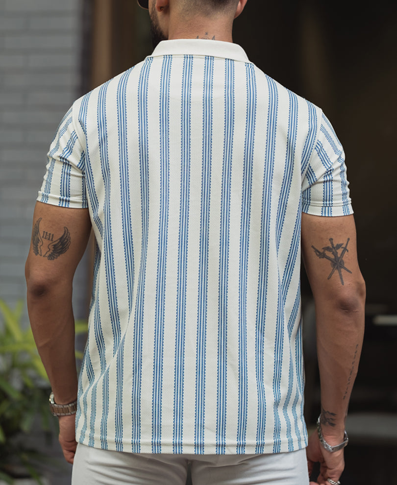 Off White Striped Regular Fit Half Sleeve T-Shirt with Zipper