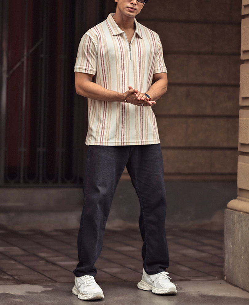 Multi-Coloured Striped Regular Fit Half Sleeve T-Shirt with Zipper