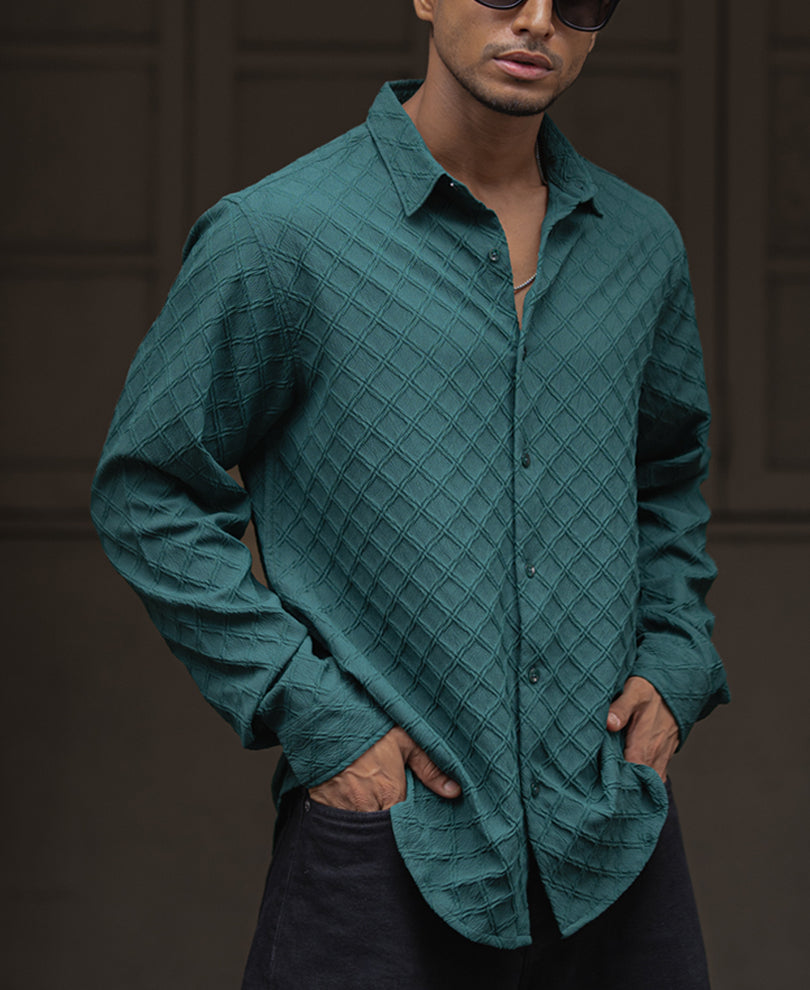 Green Plain Structured Regular Fit Full Sleeves Shirt