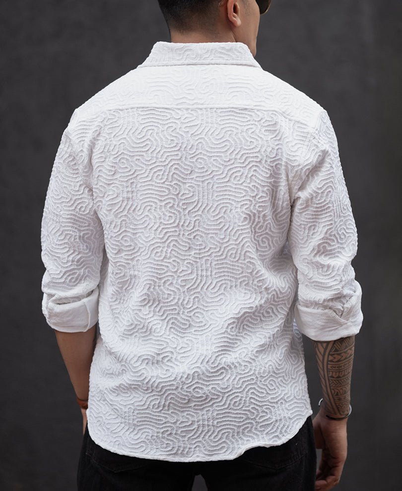 White Abstract Structured Regular Fit Full Sleeves Shirt