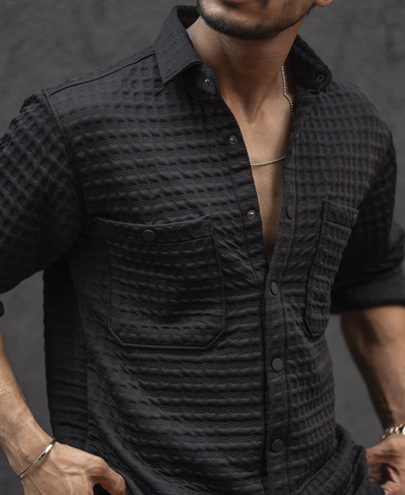Black Solid Structure Regular Fit Full Sleeves Shirt