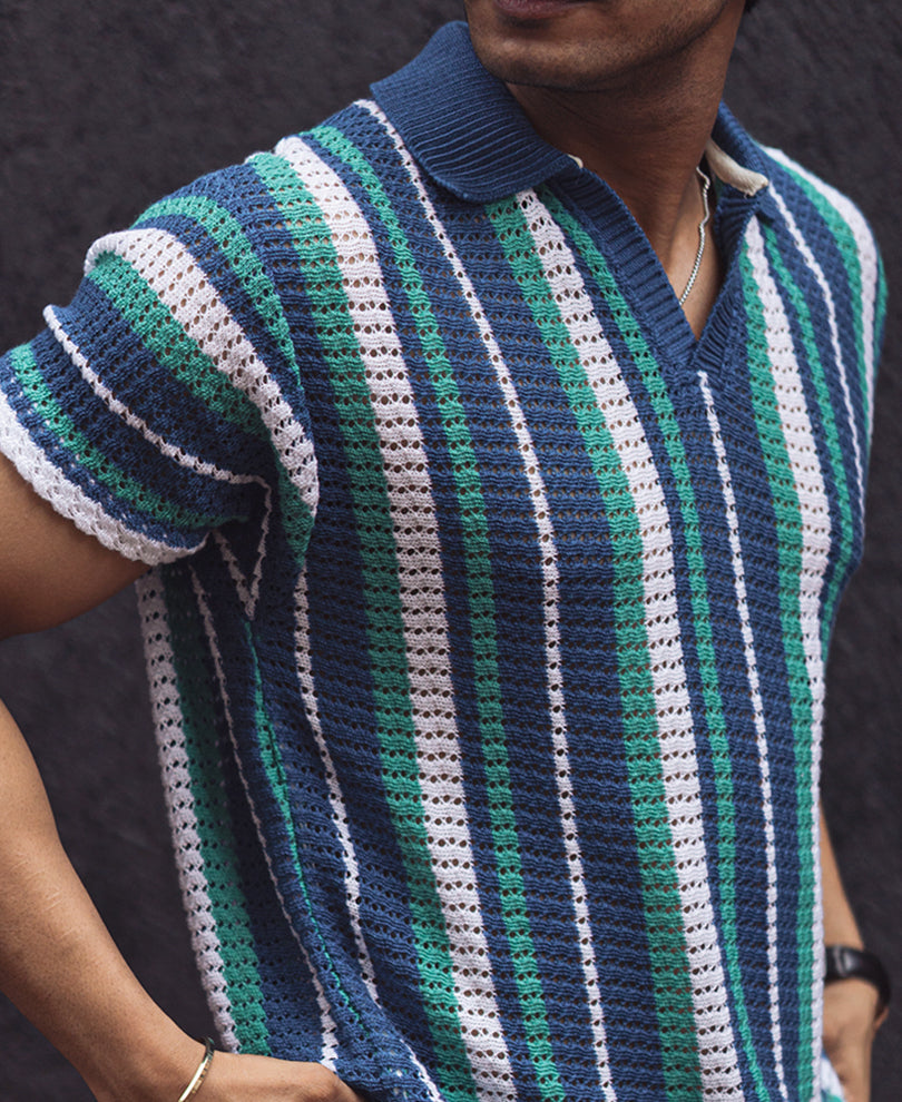 Multicolor Knit Regular fit Striped Half Sleeves T Shirt