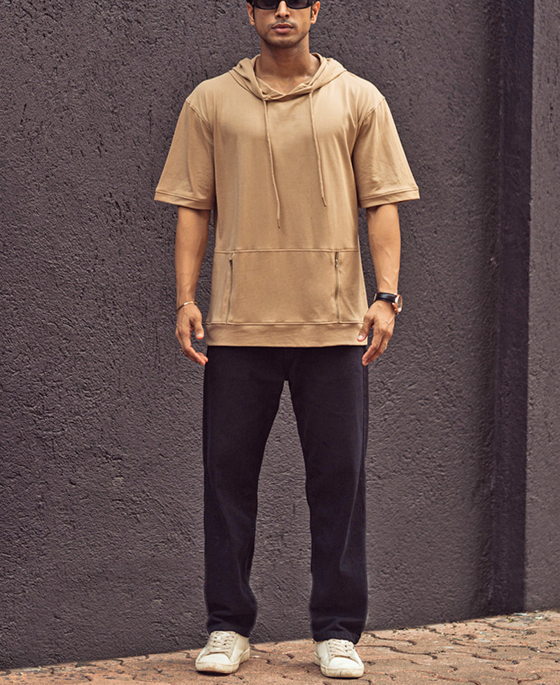 Camel Hoodie Oversized Half Sleeves T Shirt