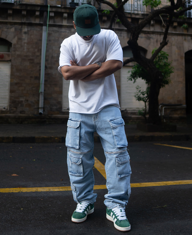 Ice Blue Baggy Fit Cargo Jeans