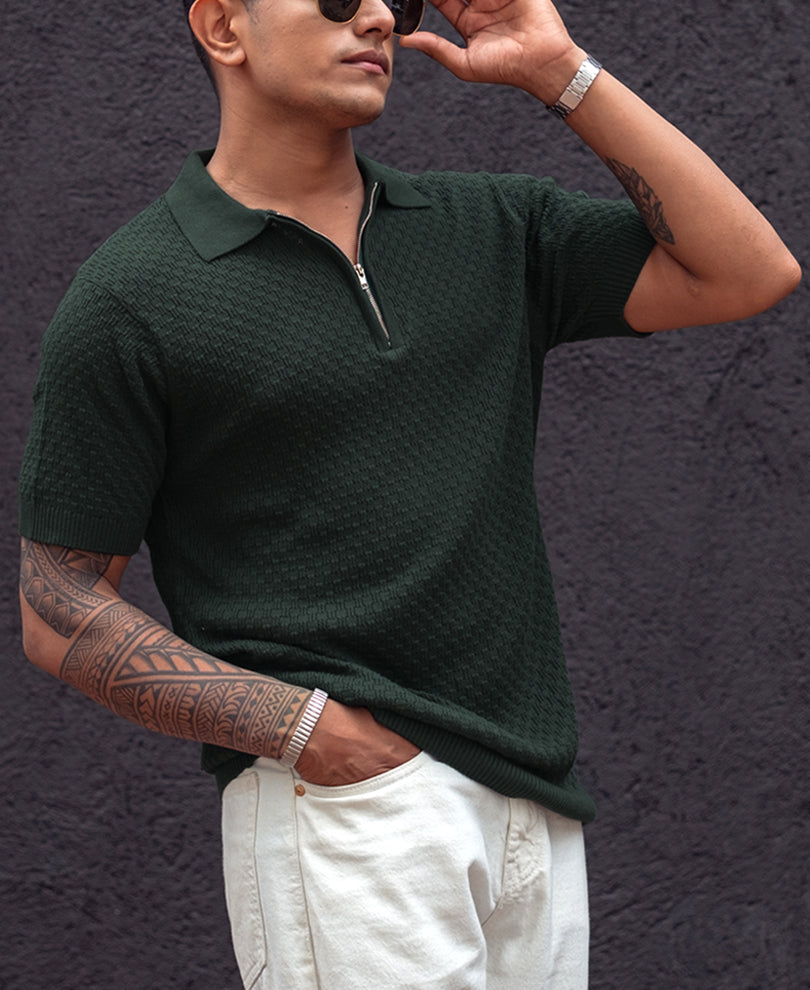 Green Knitted Regular Fit Half Sleeves Zipper T Shirt