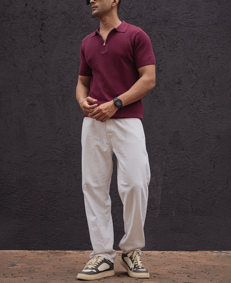Wine Knitted Regular Fit Half Sleeves T-Shirt