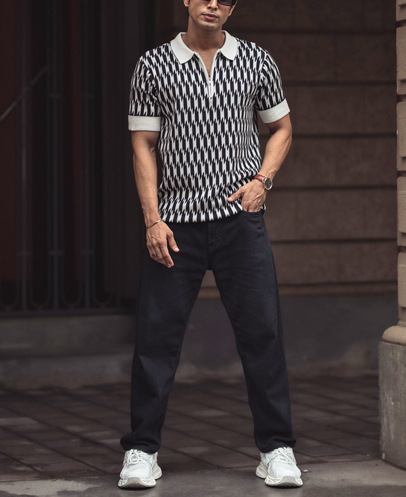 White and Black Knitted Regular Fit Half Sleeves Zipper T Shirt