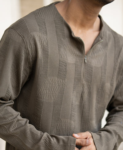 Olive Green Structured Full Sleeves Regular Fit T-Shirt