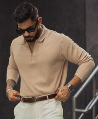 Light Fawn Waffle Design Regular Fit Full Sleeve T Shirt with Zipper