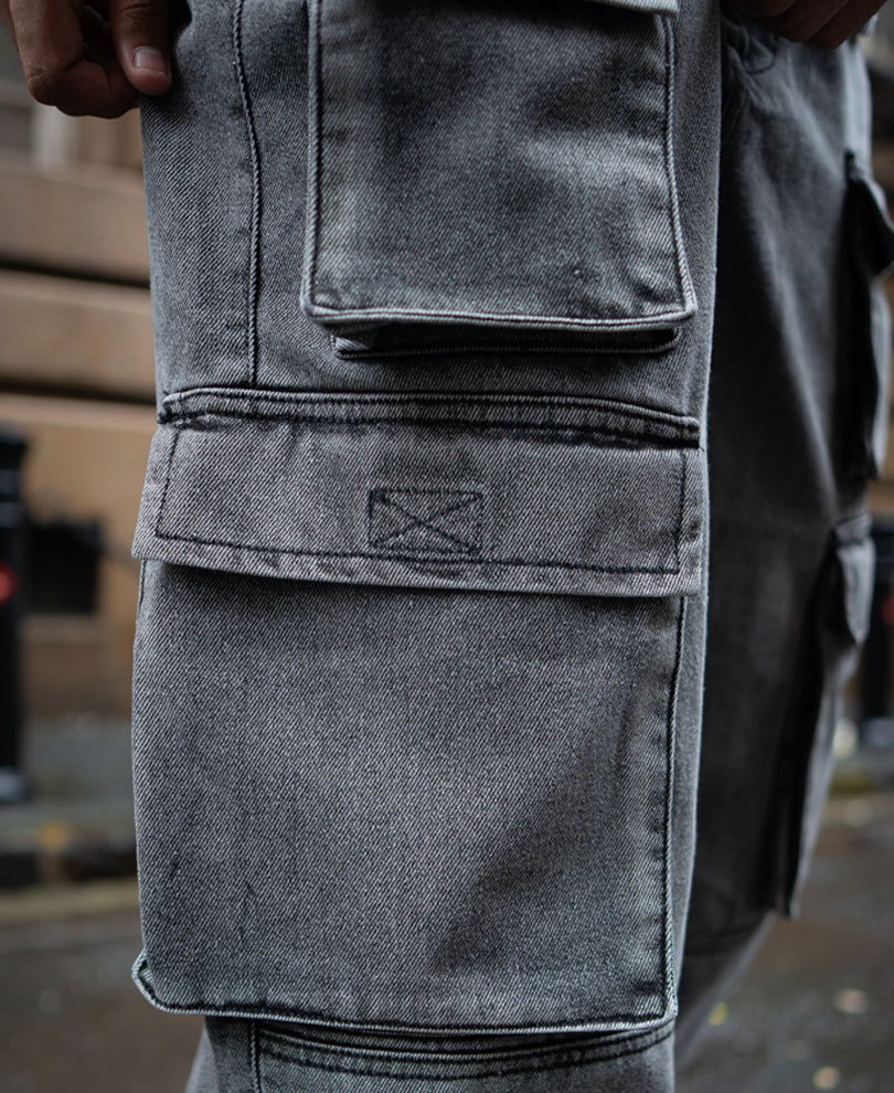 Grey Baggy Fit Denim Cargo Jeans