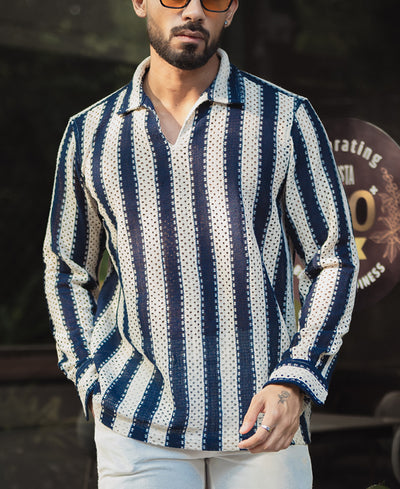 Navy Blue And Off White Stripes Regular Fit Full Sleeves Shirt