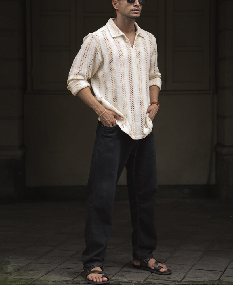 Beige & White Crochet Striped Regular Fit Full Sleeve Shirt
