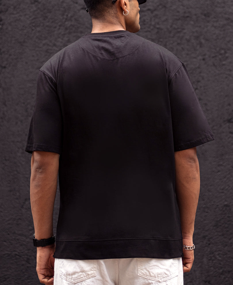 Black Printed Oversized Half Sleeves T Shirt with Side Zippers