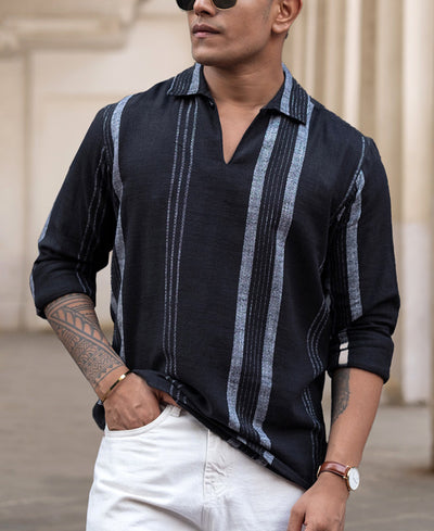 Black Striped Regular Fit Full Sleeves Kurta Style Shirt