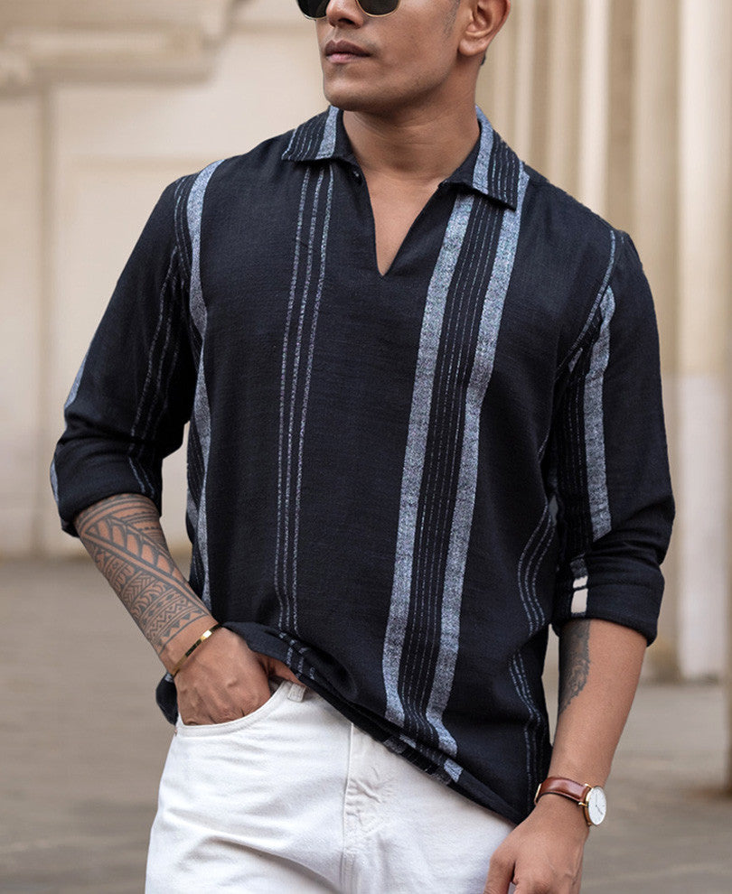 Black Striped Regular Fit Full Sleeves Kurta Style Shirt