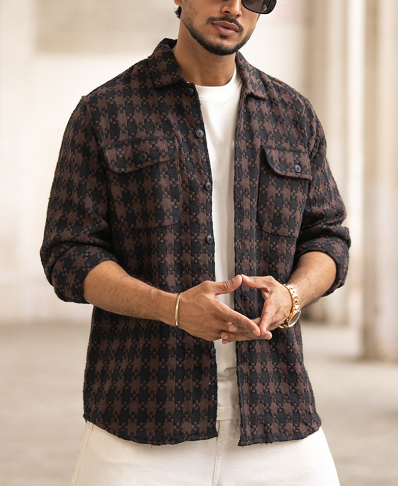 Brown And Black Structured Regular Fit Full Sleeves Shirt