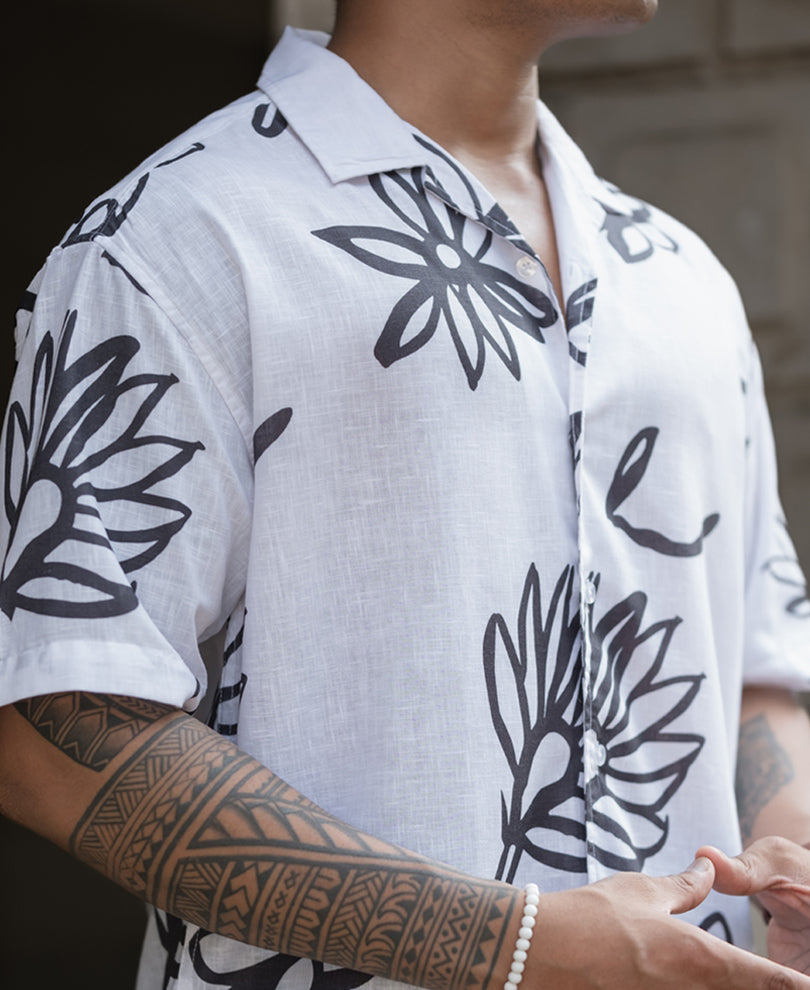 White And Black Floral Printed Oversized Half Sleeves Shirt