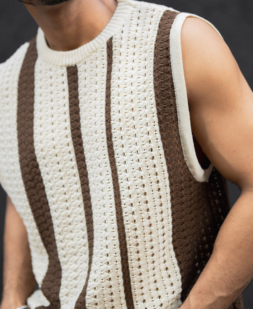Brown Regular Fit Striped Crochet Vest