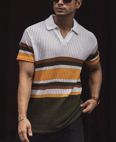 Multi Colour Crochet Regular Fit Half Sleeves T-Shirt