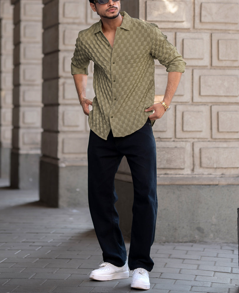 Olive Structured Full Sleeves Regular Fit Shirt