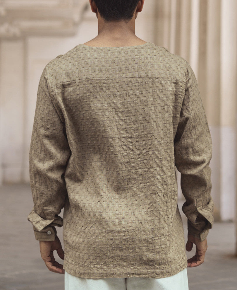 Beige Structured Regular Fit Full Sleeve Kurta Style Shirt