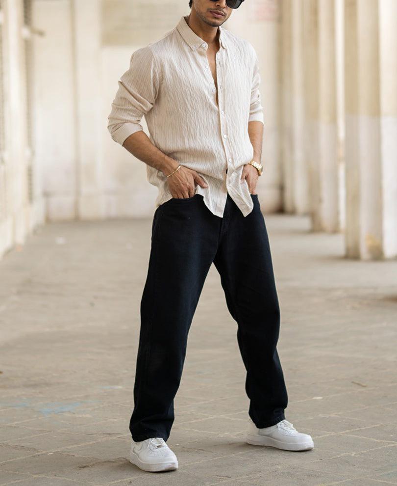Cream Structured Regular Fit Full Sleeves Shirt.