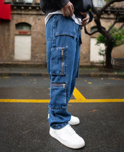 Dark Blue Solid Baggy Fit Cargo Denim Jeans