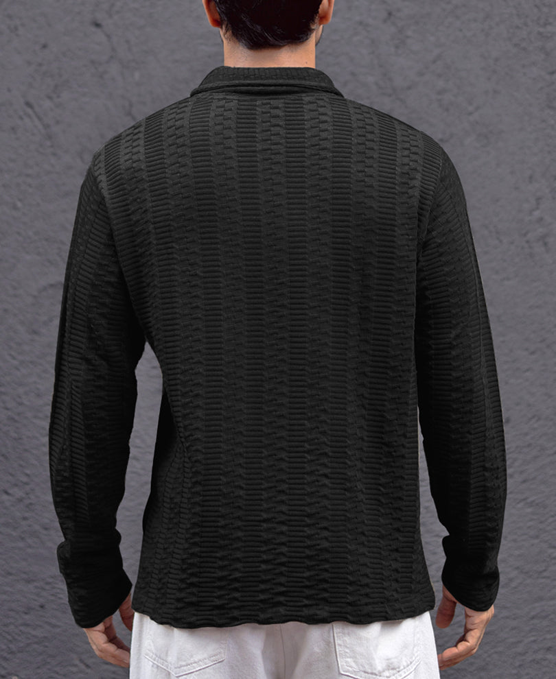 Black Collar Neck Regular Fit Full Sleeves T-Shirt