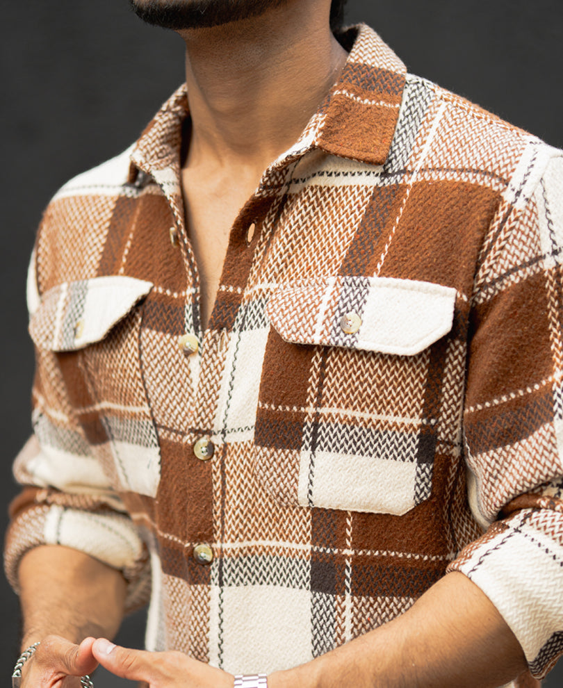 Brown And Off-White Checked Regular Fit Full Sleeves Shirt