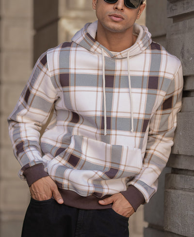 Dark Brown Checked Hooded SweaT-Shirt