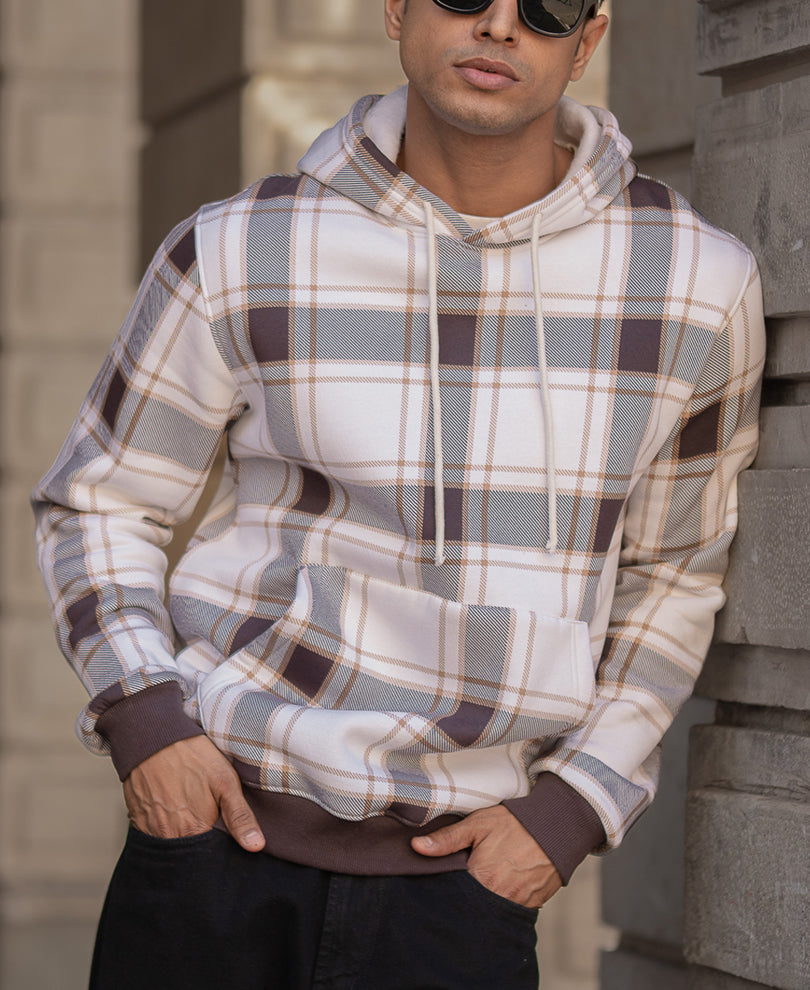 Dark Brown Checked Hooded SweaT-Shirt