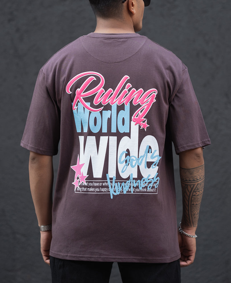 Coffee Brown World Wide Print Oversized Half Sleeves T-Shirt