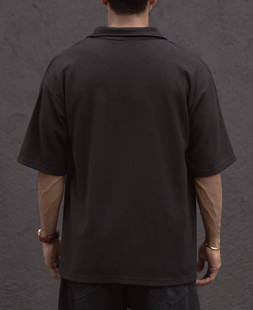 Black Oversized Half Sleeves Shirt With Zip