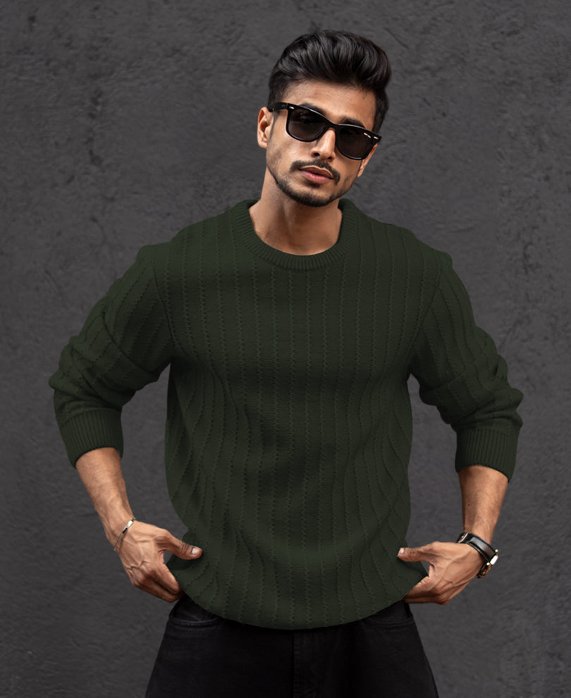 Green Regular Fit Structured Full Sleeves T-Shirt