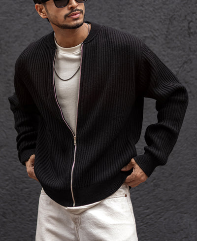Black Knit Regular Fit Full Sleeves Bomber Jacket