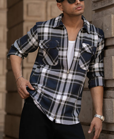Navy Checks Zipper Shirt