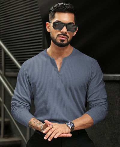 Grey Structured Full Sleeves Regular Fit T-Shirt