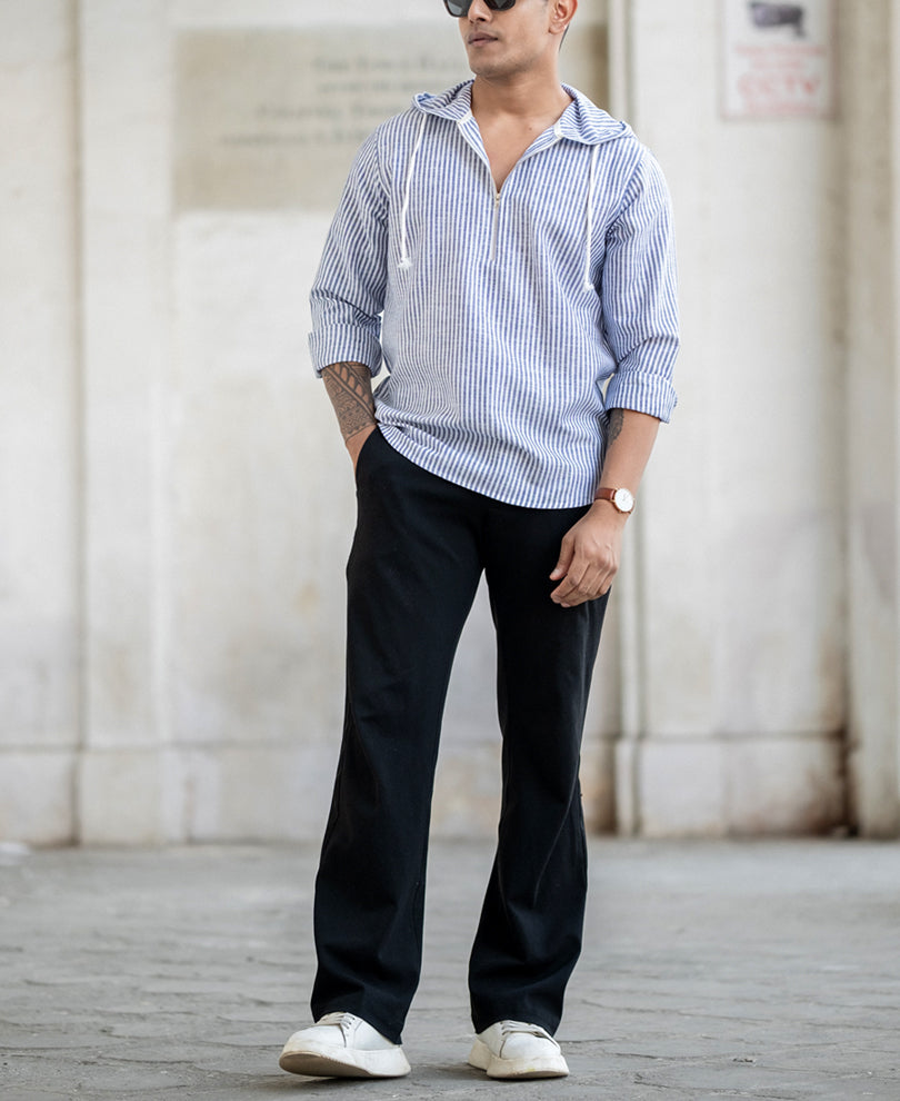 Navy Striped Hooded Shirt