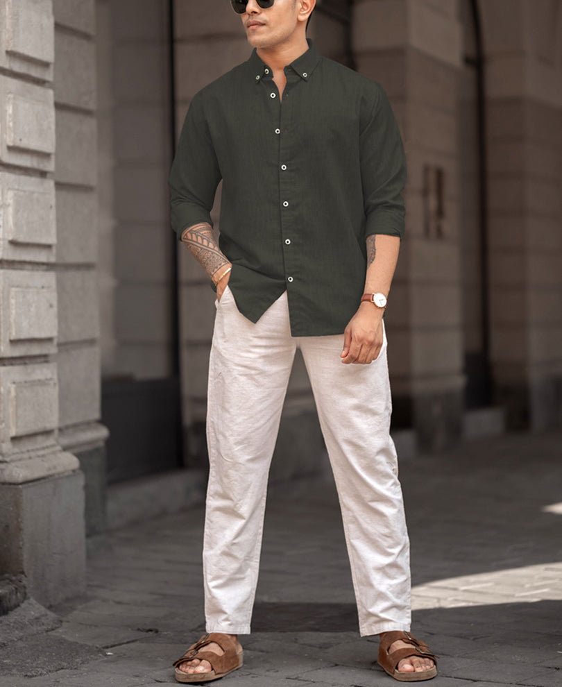 Olive Green Regular Plain Fit Full Sleeves