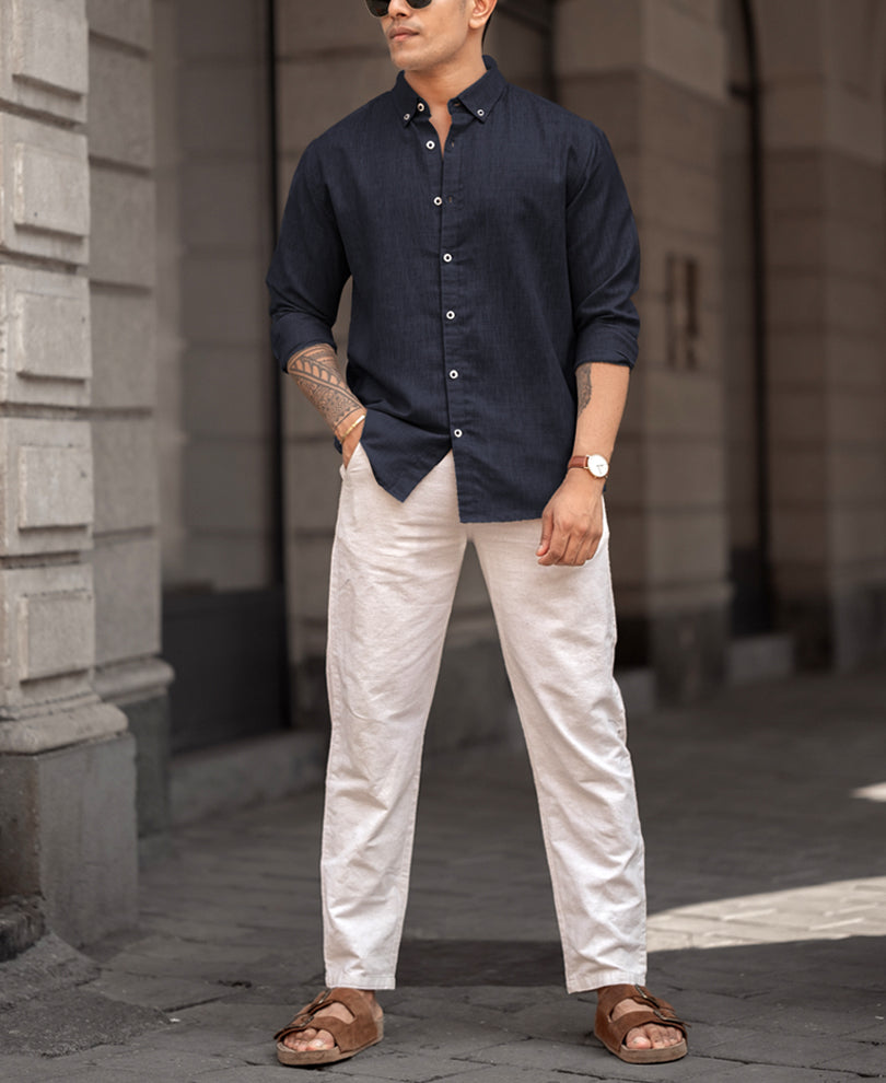 Navy Blue Plain Regular Fit Full Sleeves Shirt
